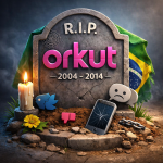 3D illustration of a tombstone labeled Orkut with Brazilian flag elements, representing the rise and decline of the social media platform.