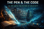 “Cover art for ‘The Pen & The Code’—AI, hip-hop, and the future of creativity (pen + code + city skyline).”